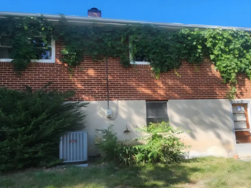 Vines covering the upper brick wall and gutter line of a home in Vinton, VA